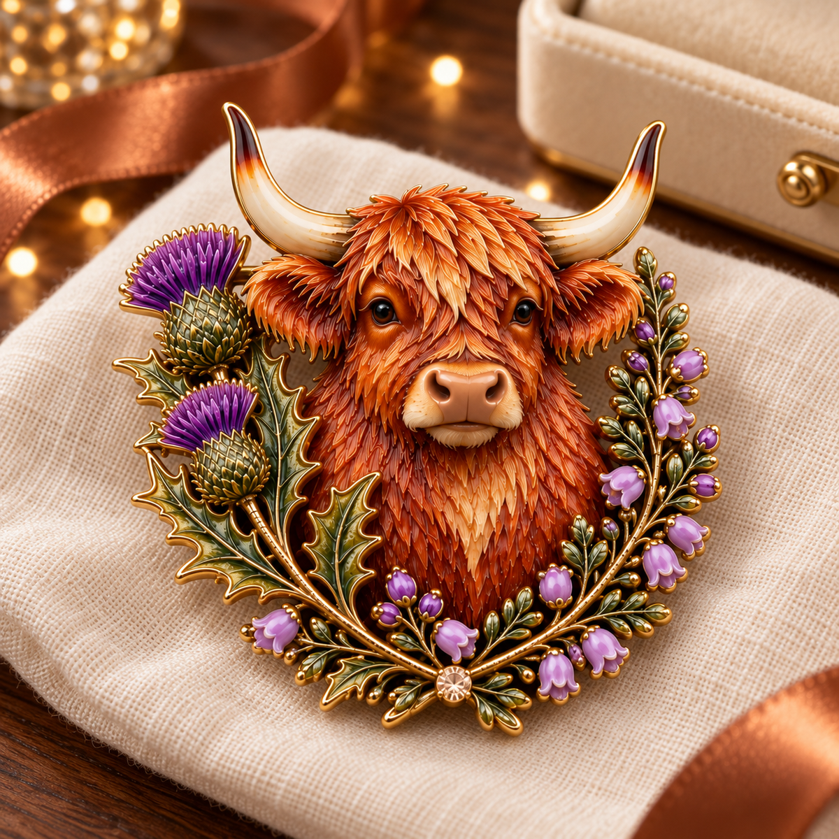 🐂HIGHLAND COW & THISTLE WREATH 🏴󠁧󠁢󠁳󠁣󠁴󠁿 Scottish Heritage Enamel Brooch