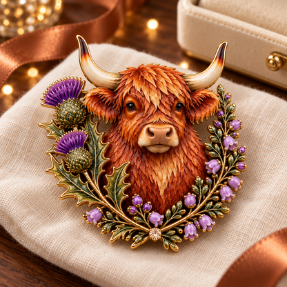 🐂HIGHLAND COW & THISTLE WREATH 🏴󠁧󠁢󠁳󠁣󠁴󠁿 Scottish Heritage Enamel Brooch