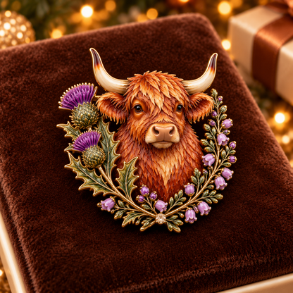 🐂HIGHLAND COW & THISTLE WREATH 🏴󠁧󠁢󠁳󠁣󠁴󠁿 Scottish Heritage Enamel Brooch