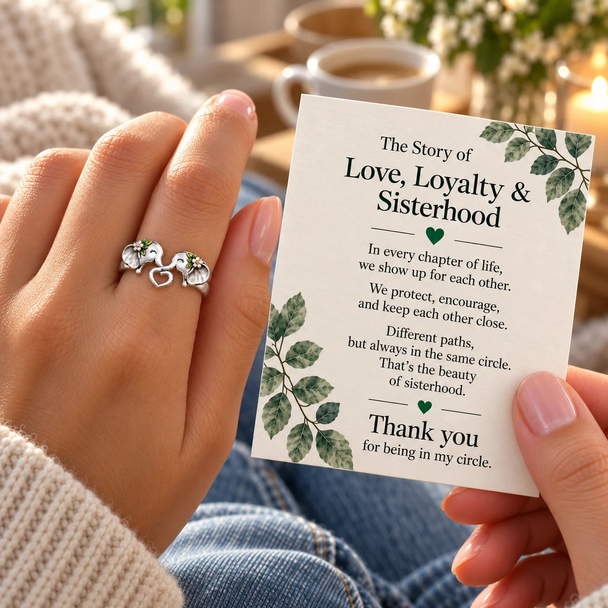 🐘 Pure Silver Elephant Heart Ring – Meaningful Sisterhood & Best Friend Gift With Message Card