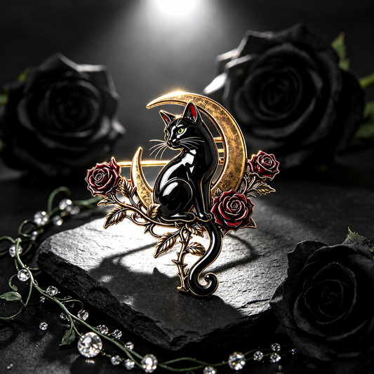 🖤🌙Black Cat & Crescent Moon Rose Brooch🐈‍⬛🌹