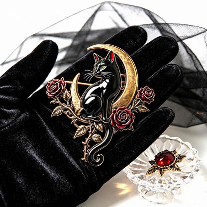 🖤🌙Black Cat & Crescent Moon Rose Brooch🐈‍⬛🌹
