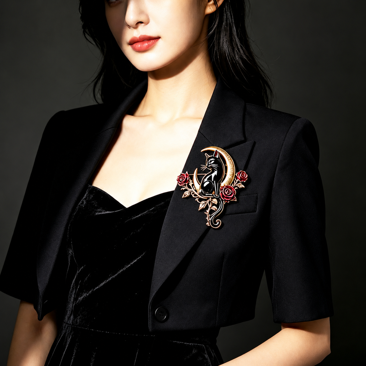 🖤🌙Black Cat & Crescent Moon Rose Brooch🐈‍⬛🌹