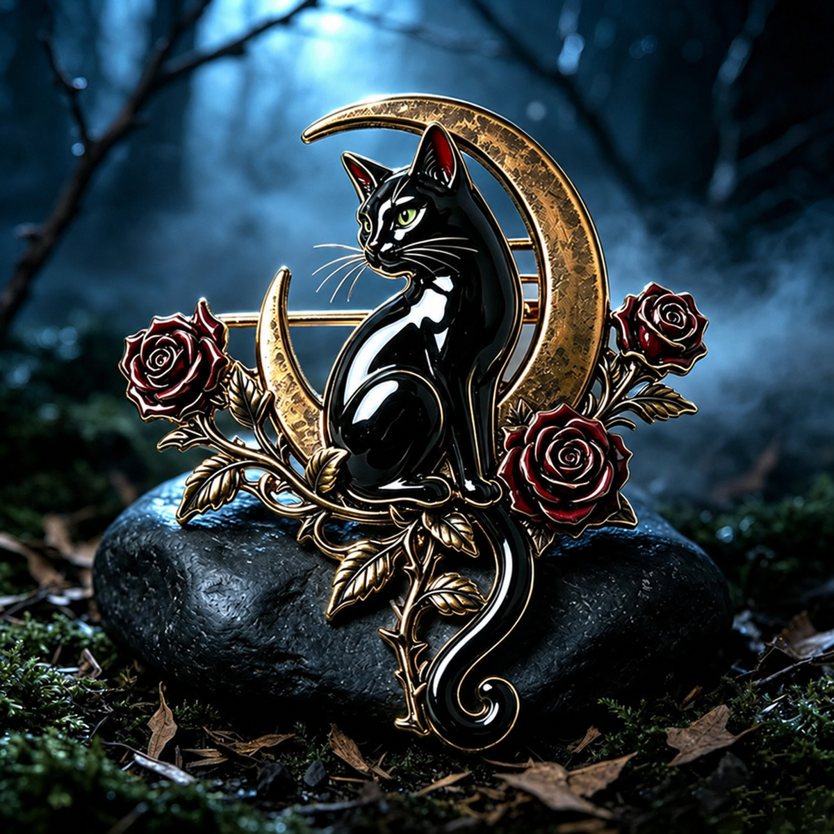 🖤🌙Black Cat & Crescent Moon Rose Brooch🐈‍⬛🌹