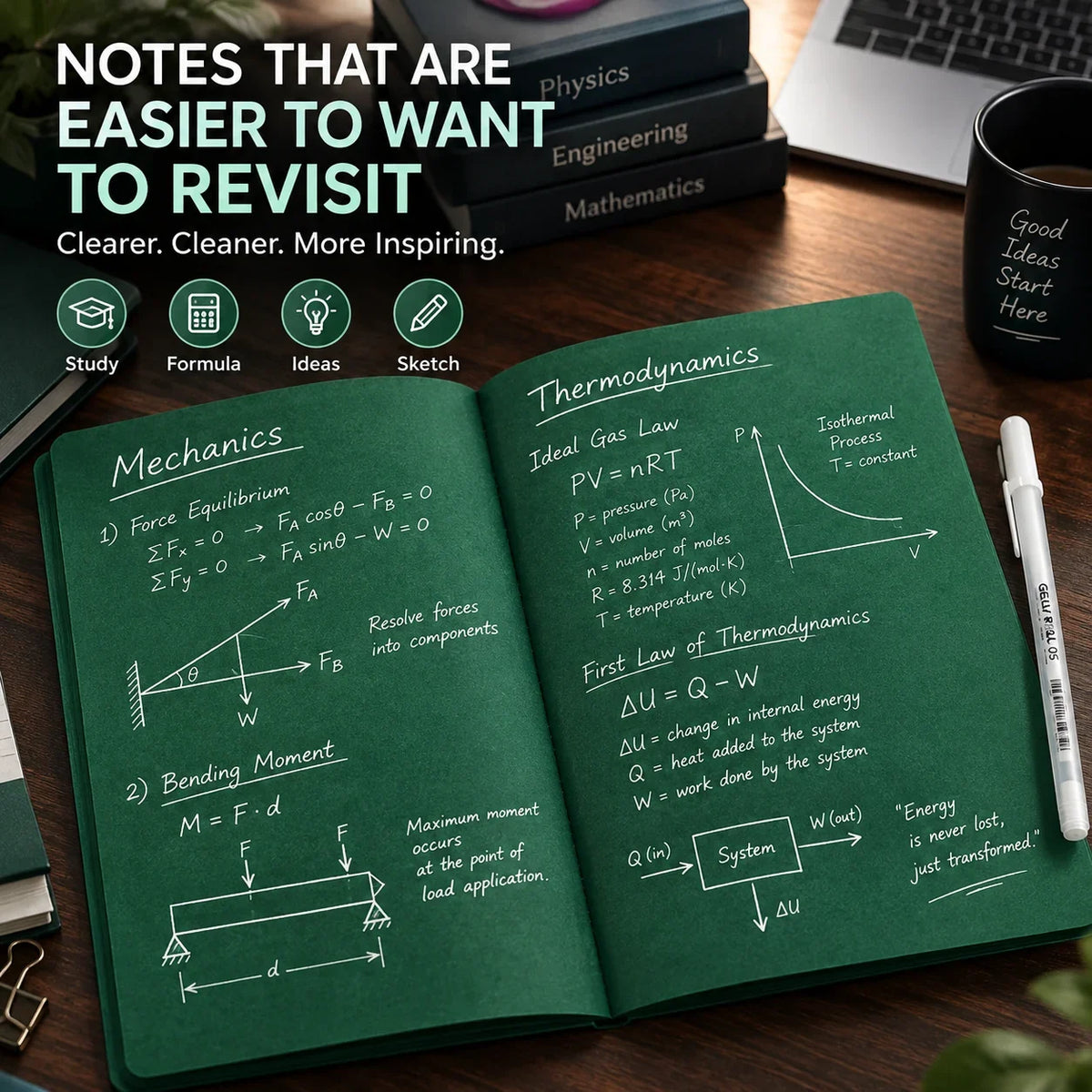 Deep Green Blank Notebook With White Gel Pen | Aesthetic Writing & Sketch Journal