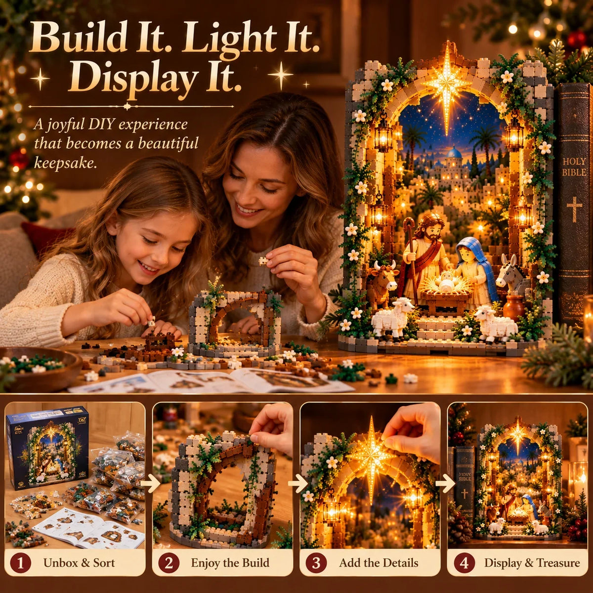 🔥🔥🔥✨ Lighted Bethlehem Nativity Book Nook – Christmas Building Block Display Of Faith