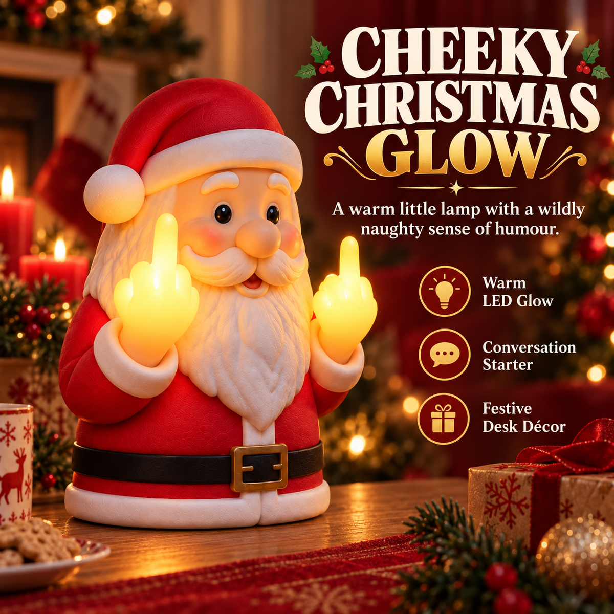 Glowing Middle Finger Santa Lamp, Fun Festive Desk Ornament For Holiday