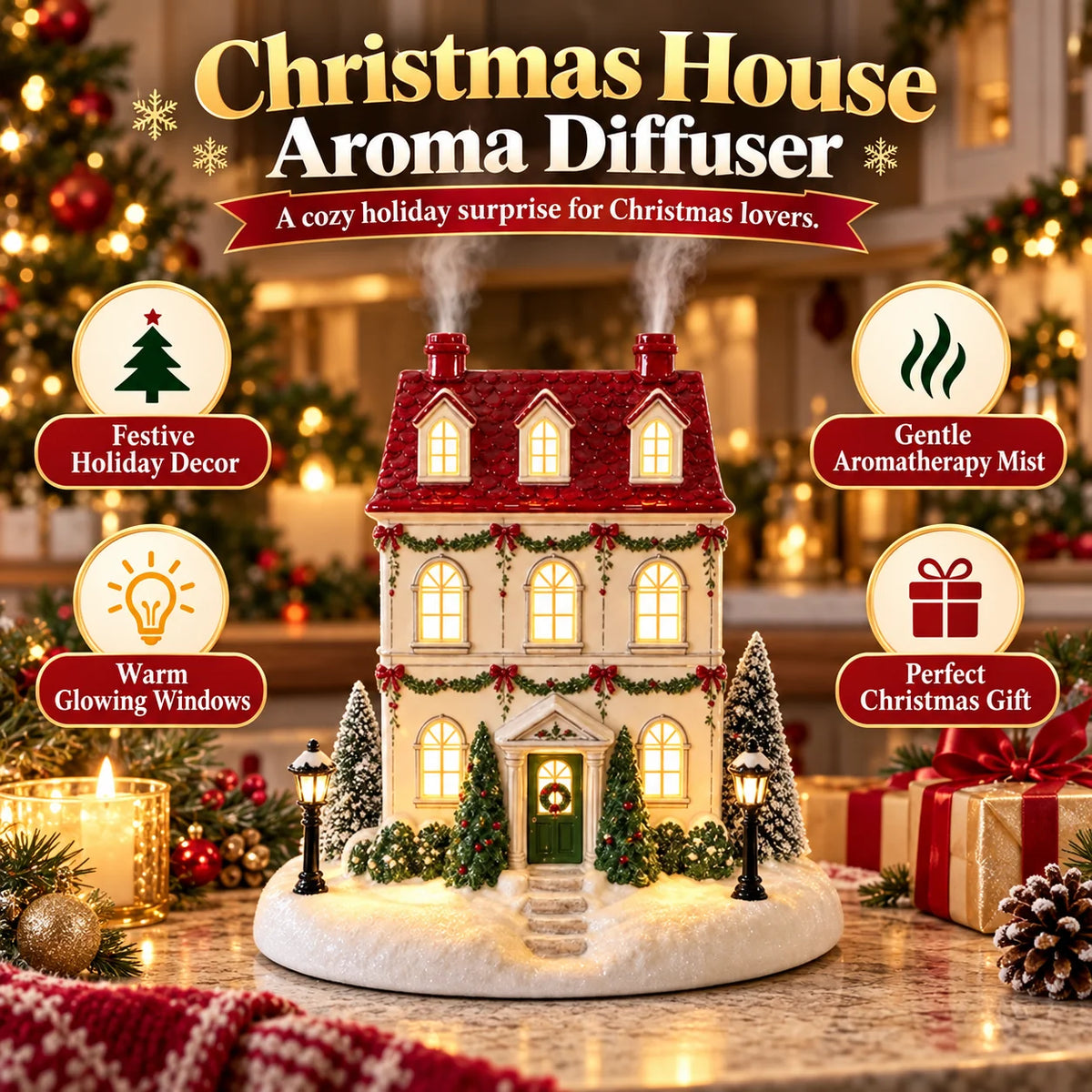 🎄 Christmas Cottage Aroma Diffuser – Cozy Glow & Festive Mist for a Magical Holiday ✨