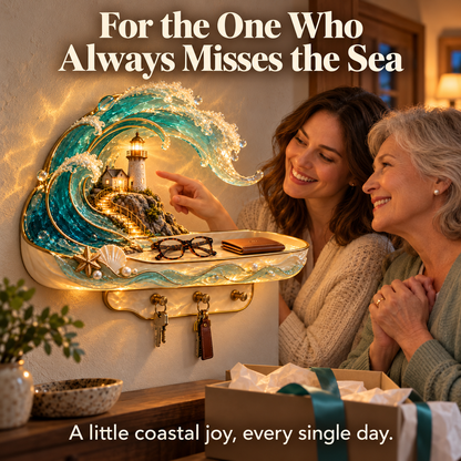 🌊 Coastal Glow Lighthouse Wall Shelf – ✨ Lighted Ocean Wave Decor With Storage Tray & Key Hooks