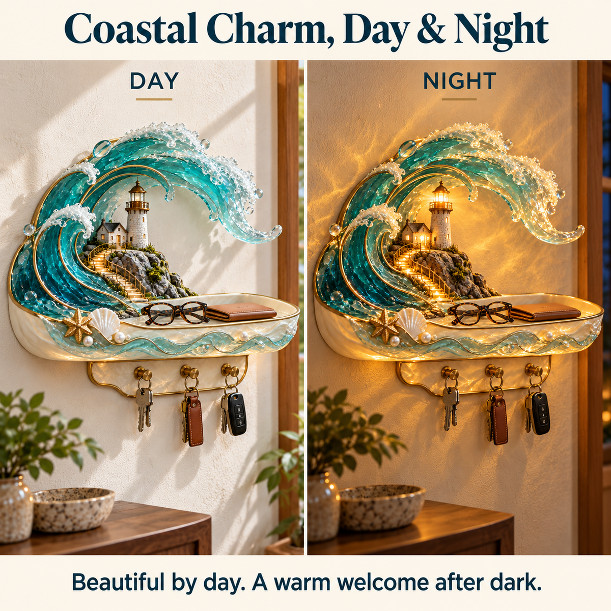🌊 Coastal Glow Lighthouse Wall Shelf – ✨ Lighted Ocean Wave Decor With Storage Tray & Key Hooks