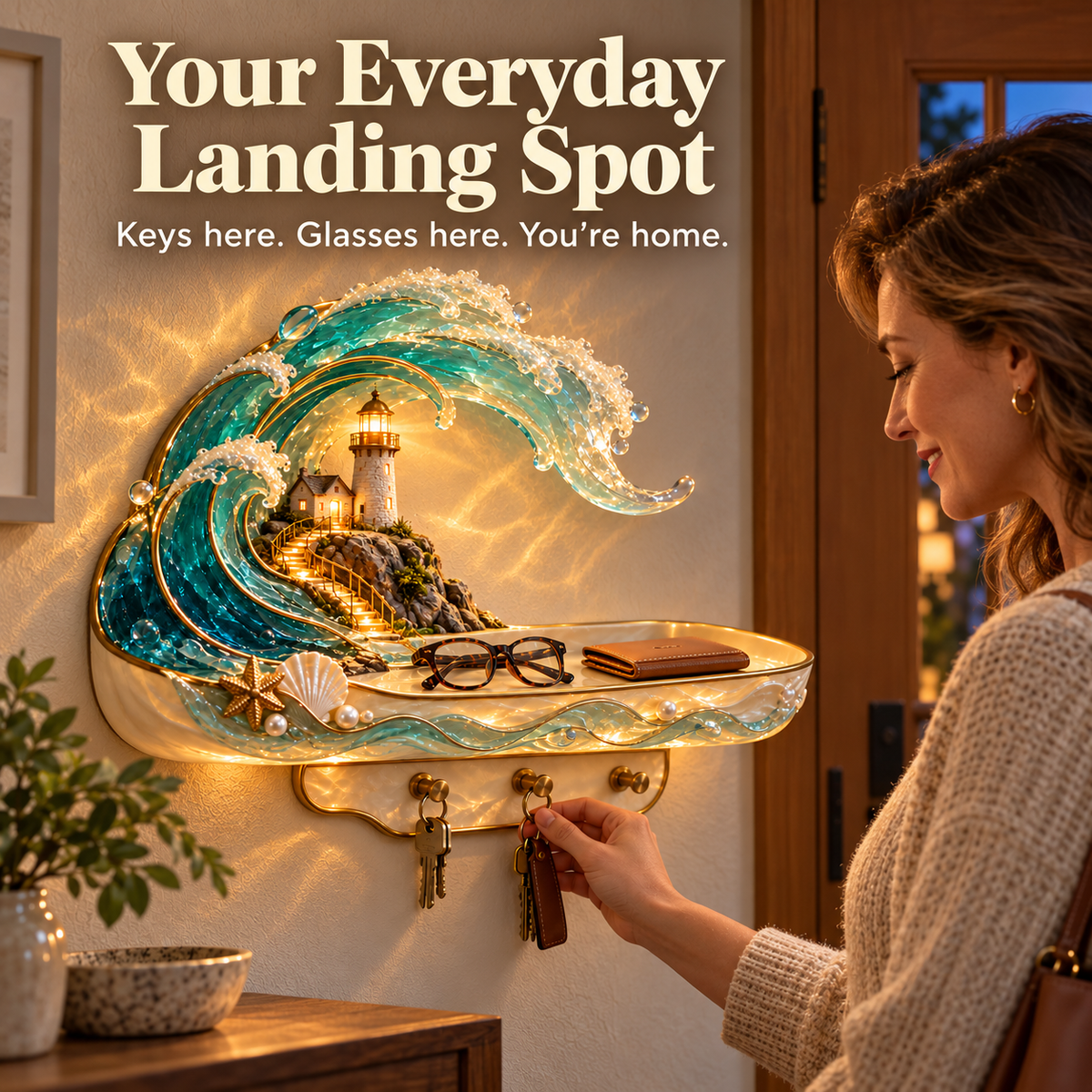 🌊 Coastal Glow Lighthouse Wall Shelf – ✨ Lighted Ocean Wave Decor With Storage Tray & Key Hooks