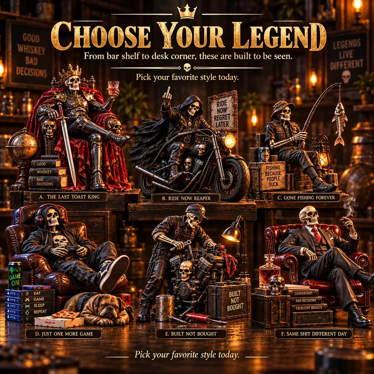 💀🔥 Bad To The Bone – 6 Dark Humor Skeleton Collectibles For Men, Man Cave Decor & Unique Gifts 🎁