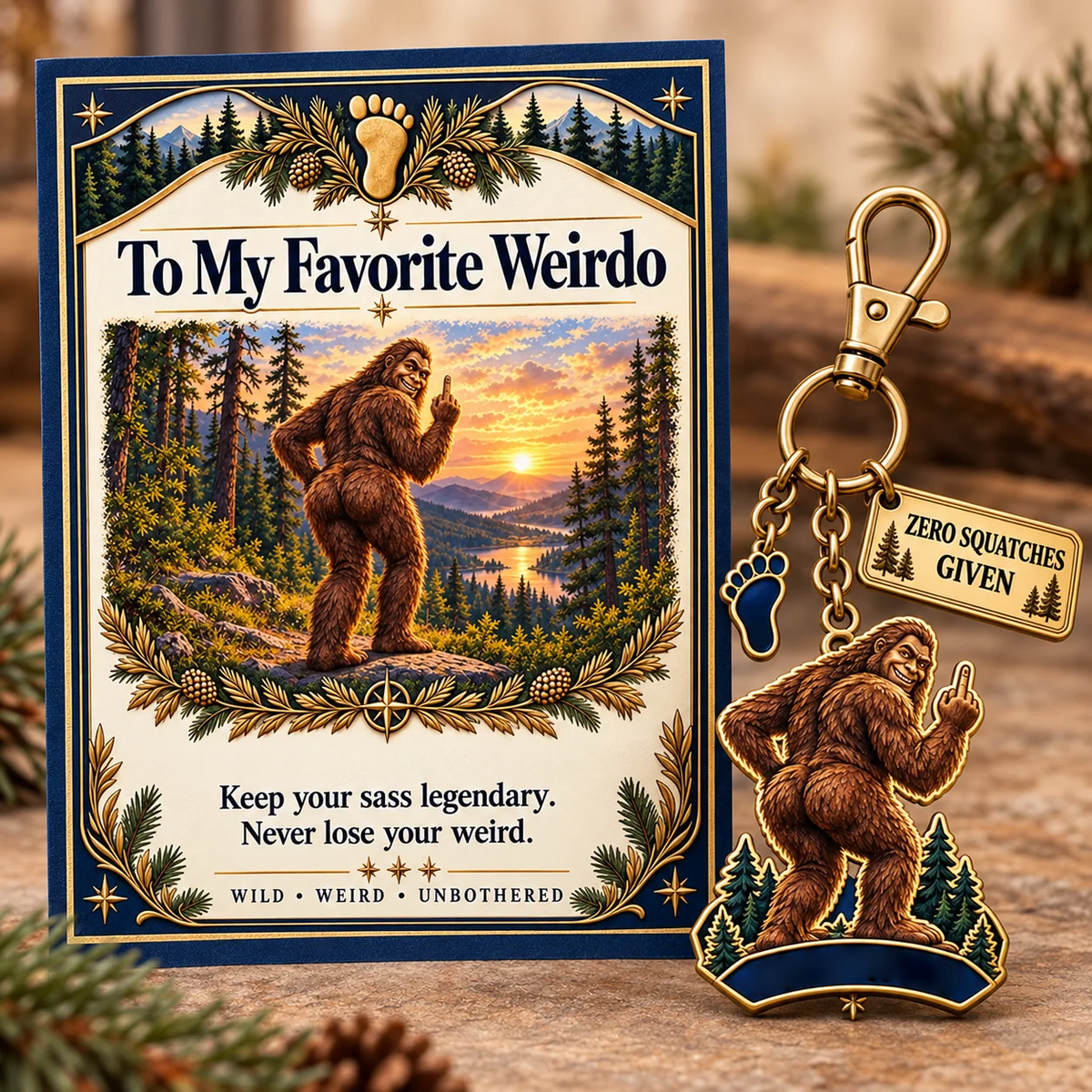 🔥Last Day 50% OFF "To My Favorite Weirdo" Funny Bigfoot Keychain & Gift Card Set 🌲🍑 - Sassy Gag Gift for Best Friends