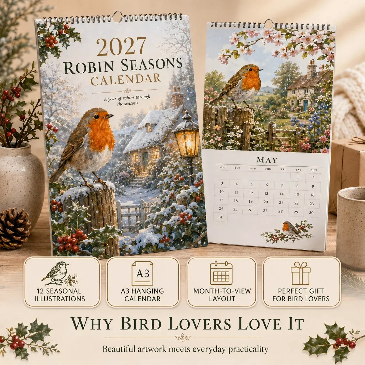 2027 Robin Seasons Calendar – British Countryside Garden Bird Wall Calendar & Gift for Bird Lovers