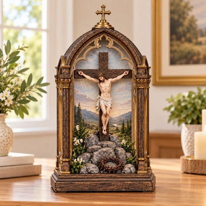 ✝️ Illuminated Calvary Devotional Shrine | Warm Christian Prayer Décor