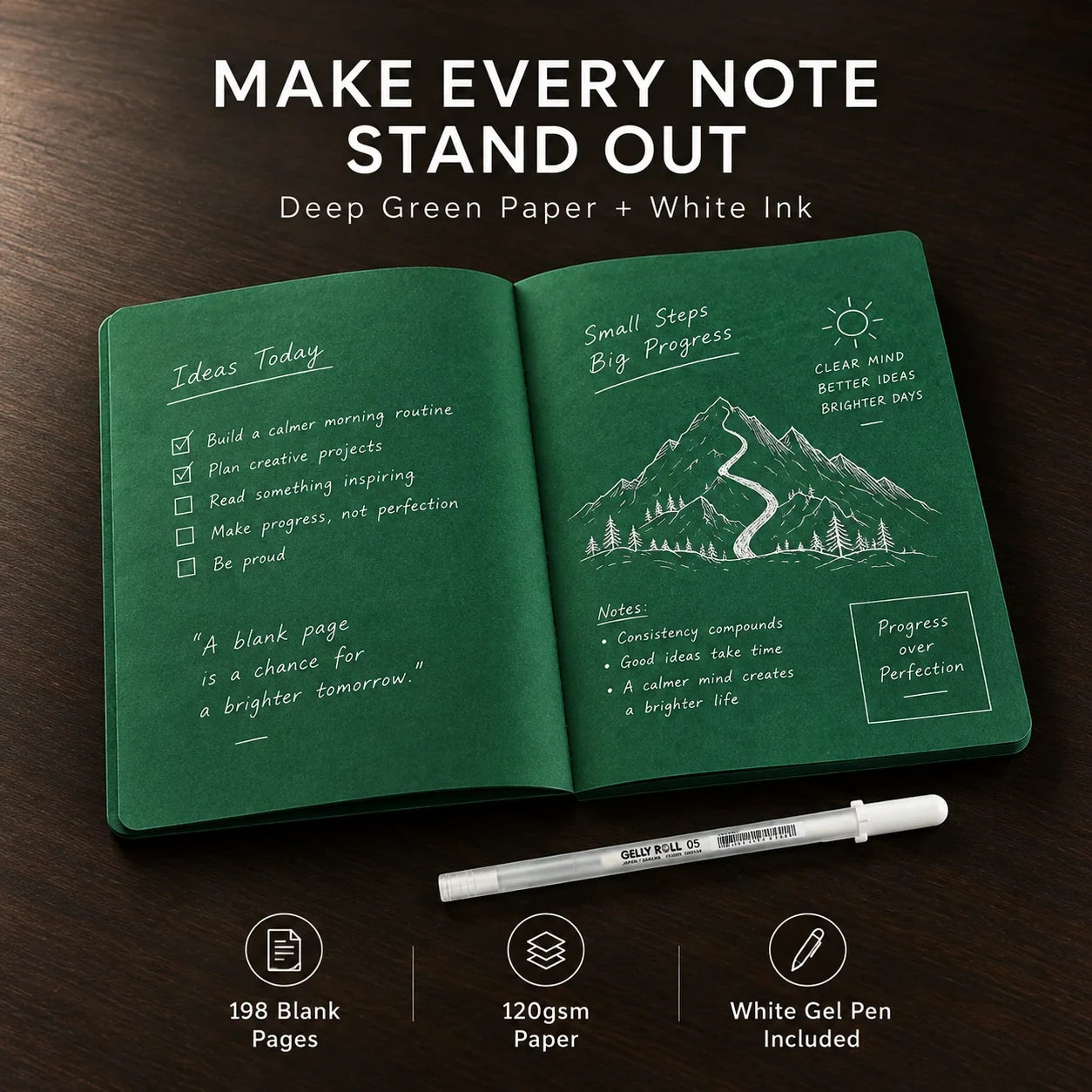 Deep Green Blank Notebook With White Gel Pen