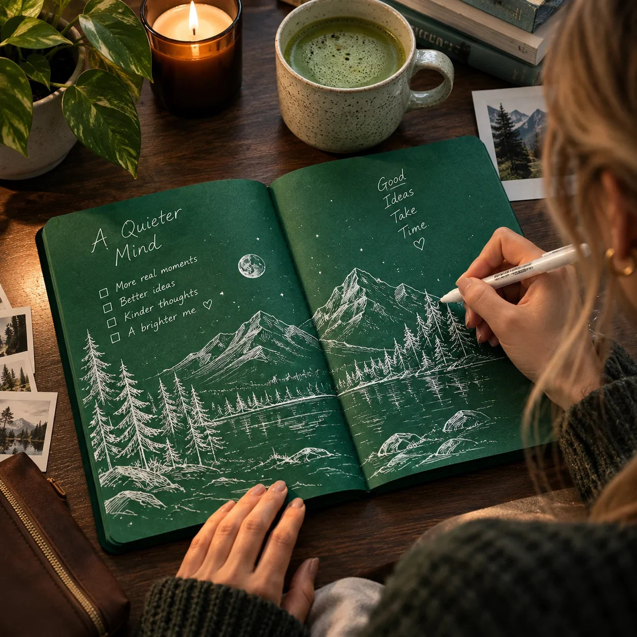 Deep Green Blank Notebook With White Gel Pen