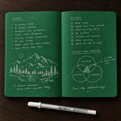 Deep Green Blank Notebook With White Gel Pen | Aesthetic Writing & Sketch Journal