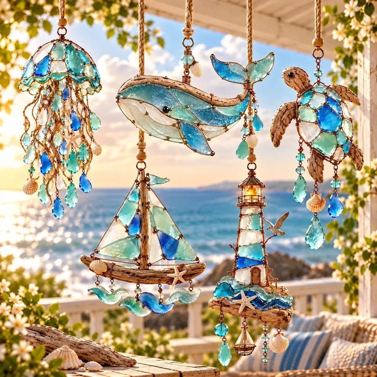 🌊✨ Sea Glass Coastal Charms – Handcrafted Ocean Suncatcher Hanging Ornament Collection