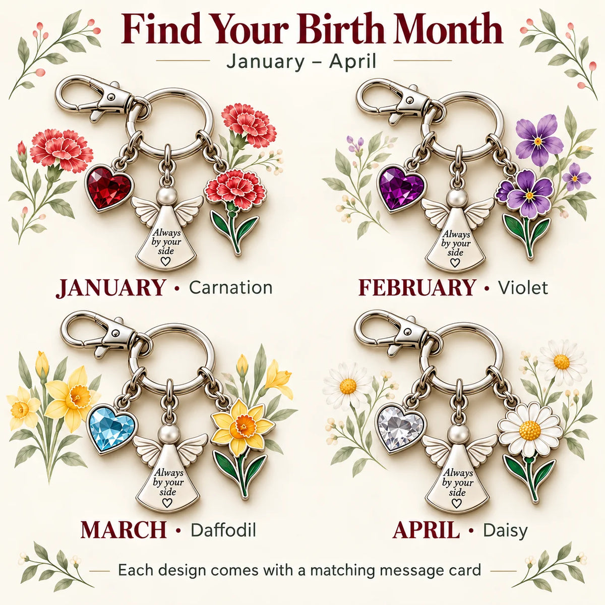 ⏳ Last Day 49% OFF —👼 Always By Your Side: Birth Month Angel & Flower Keychain + Keepsake Card 🌸