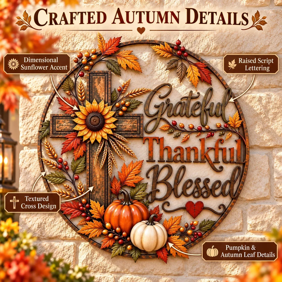 🍂 Grateful • Thankful • Blessed Fall Faith Wall Decor ✝️🌻