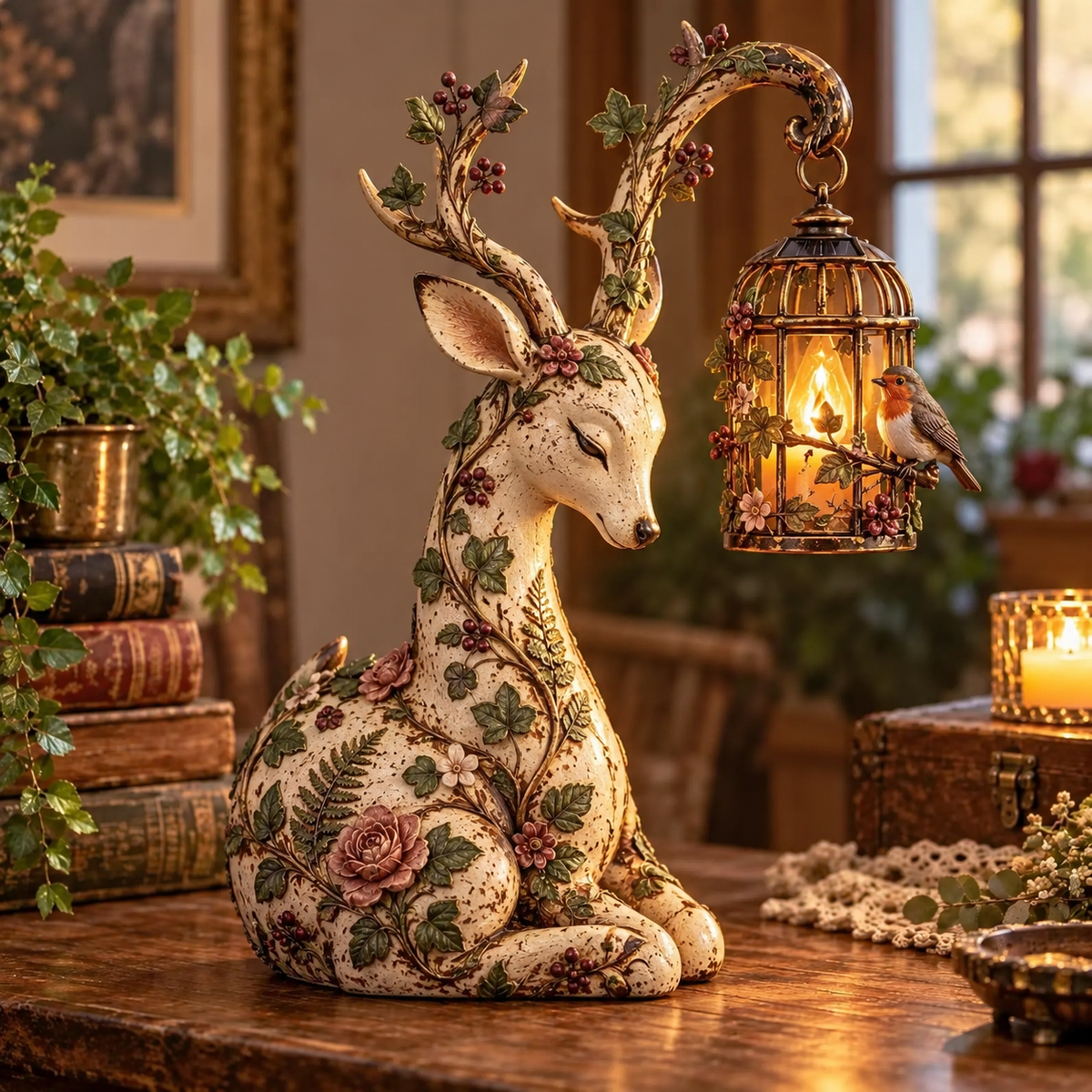 Vintage Deer Lantern Statue – Boho Floral Deer Decor With Warm Hanging Light