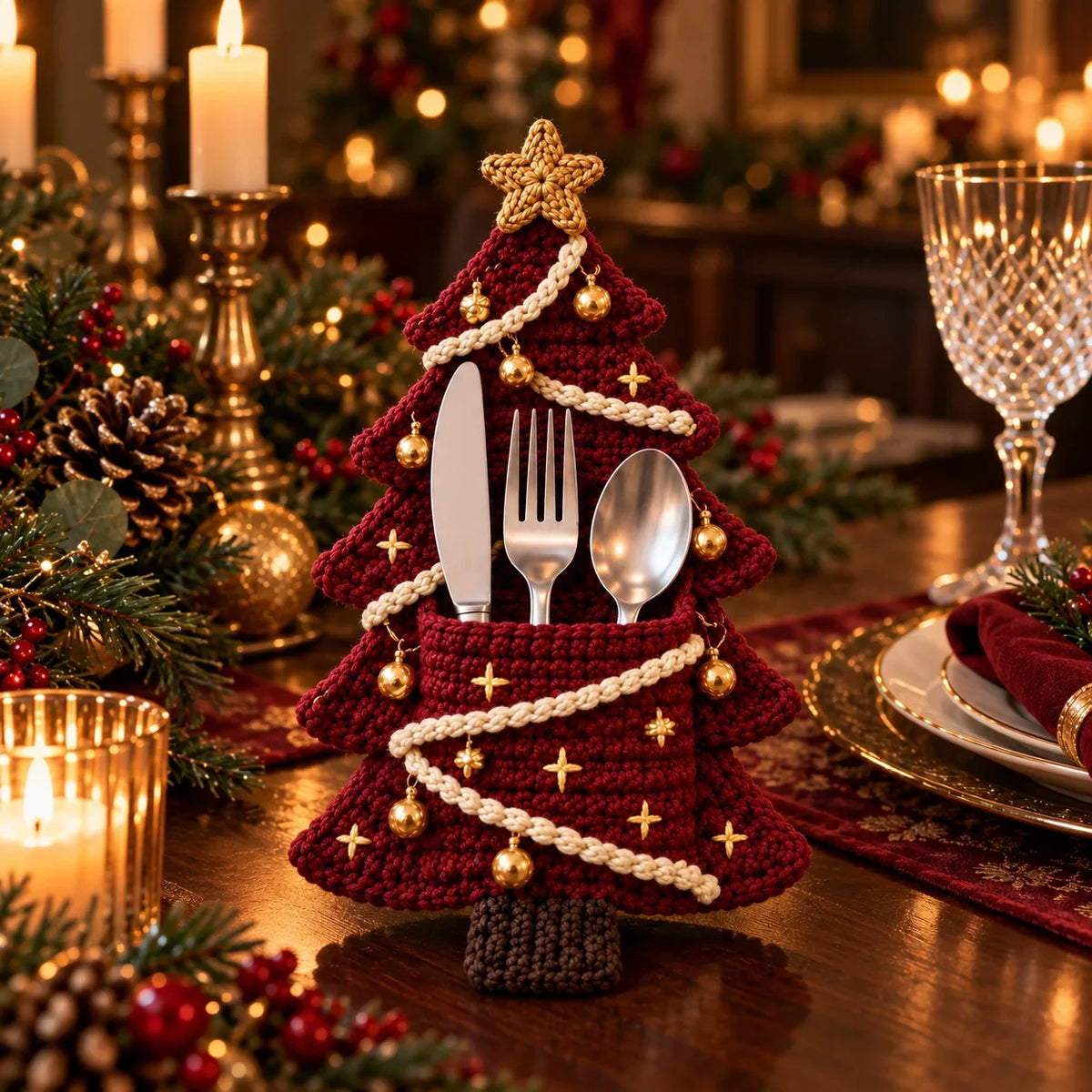 Crochet Christmas Tree Cutlery Holder Pattern Set - 4 Designs