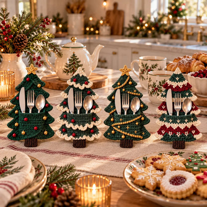Crochet Christmas Tree Cutlery Holder Pattern Set - 4 Designs