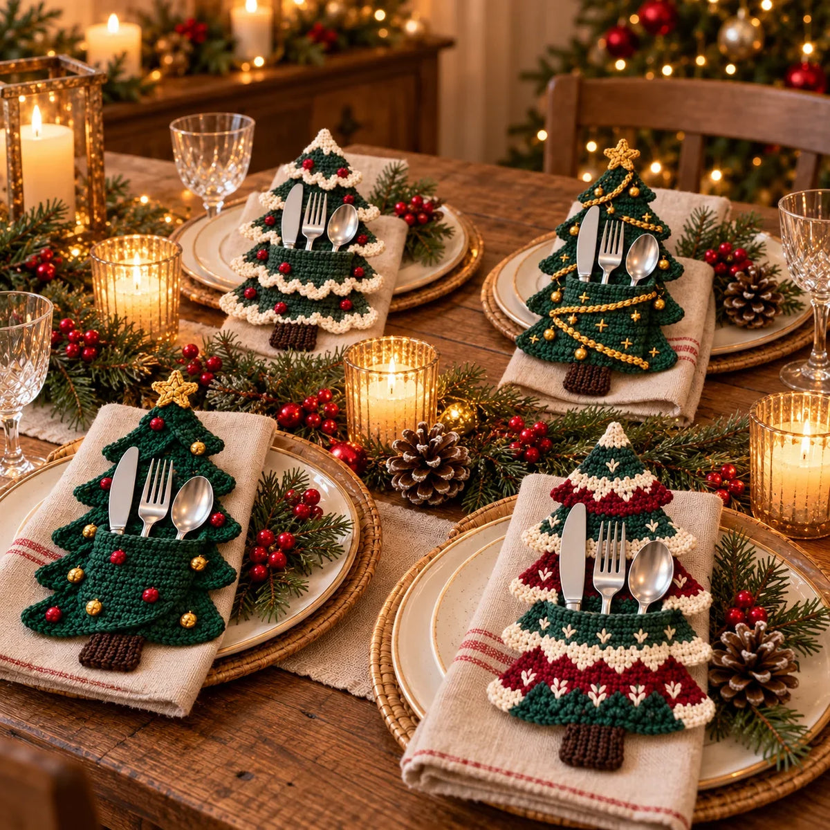 Crochet Christmas Tree Cutlery Holder Pattern Set - 4 Designs