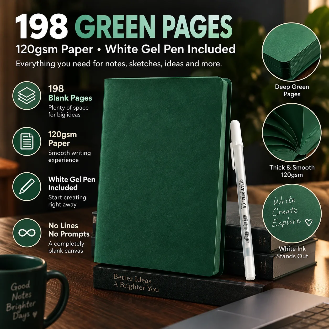 Deep Green Blank Notebook With White Gel Pen