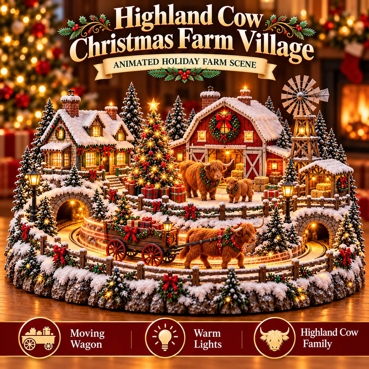 ✨ HOT SALE 49% OFF✨🐮 Highland Cow Christmas Farm Village – Animated Holiday Scene