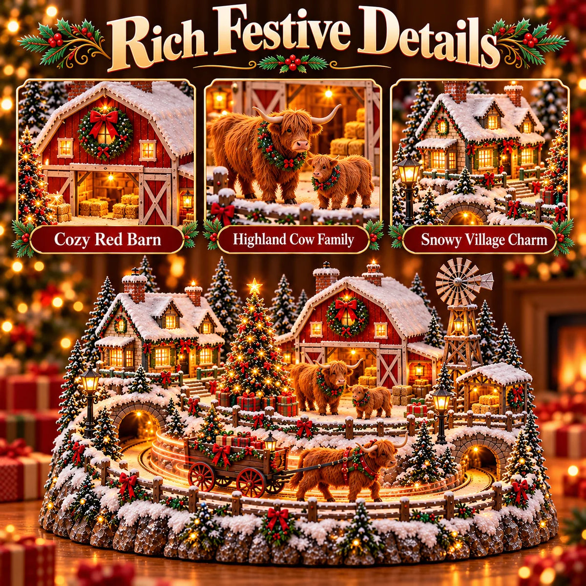 ✨ HOT SALE 49% OFF✨🐮 Highland Cow Christmas Farm Village – Animated Holiday Scene