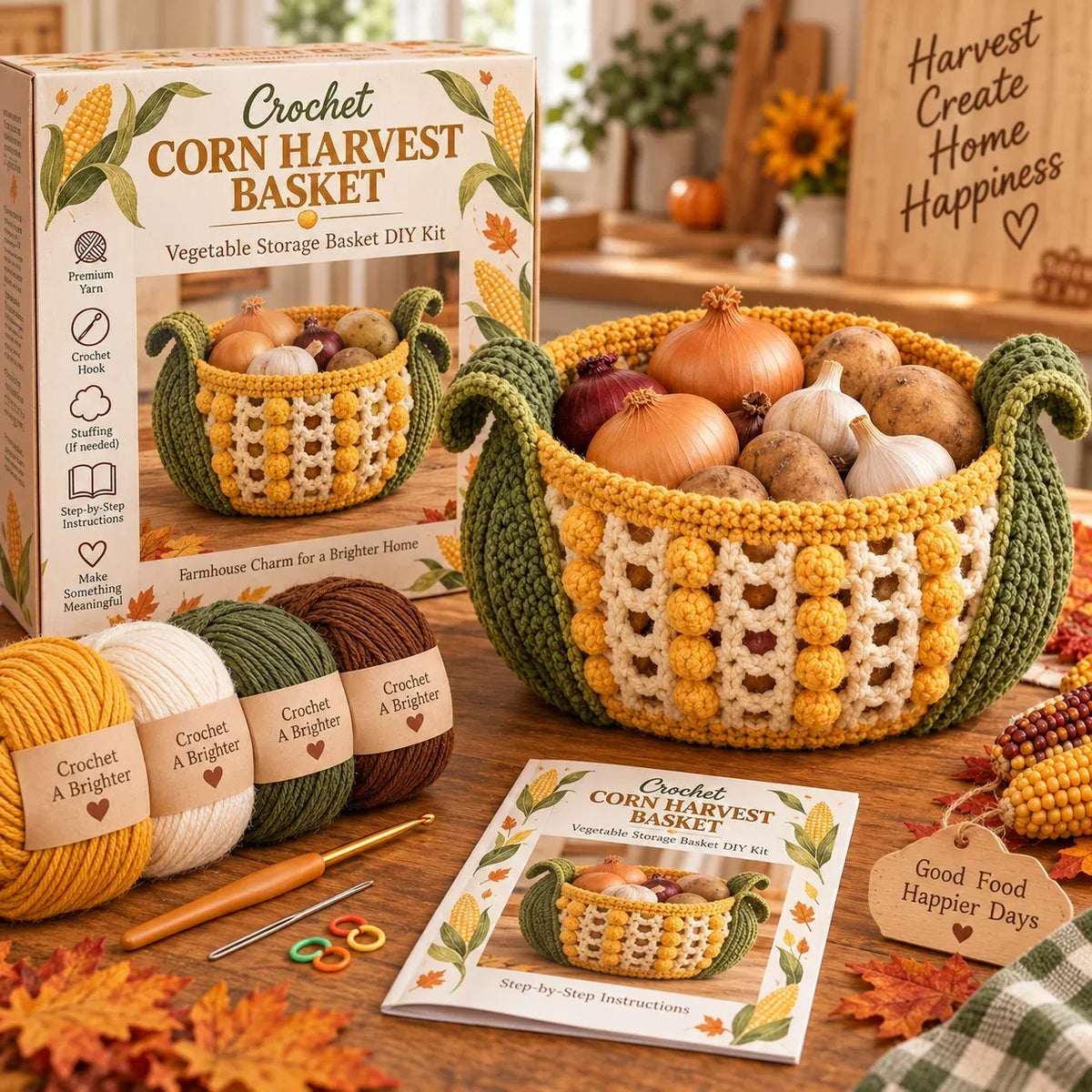 🍂🧶 Harvest Basket Crochet DIY Kit – Charming Vegetable Storage & Fall Decor