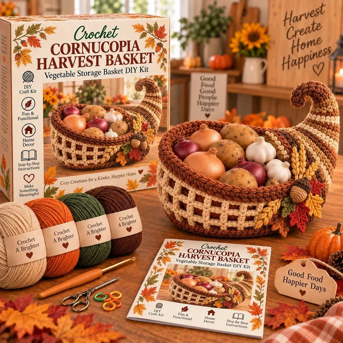 🍂🧶 Harvest Basket Crochet DIY Kit – Charming Vegetable Storage & Fall Decor