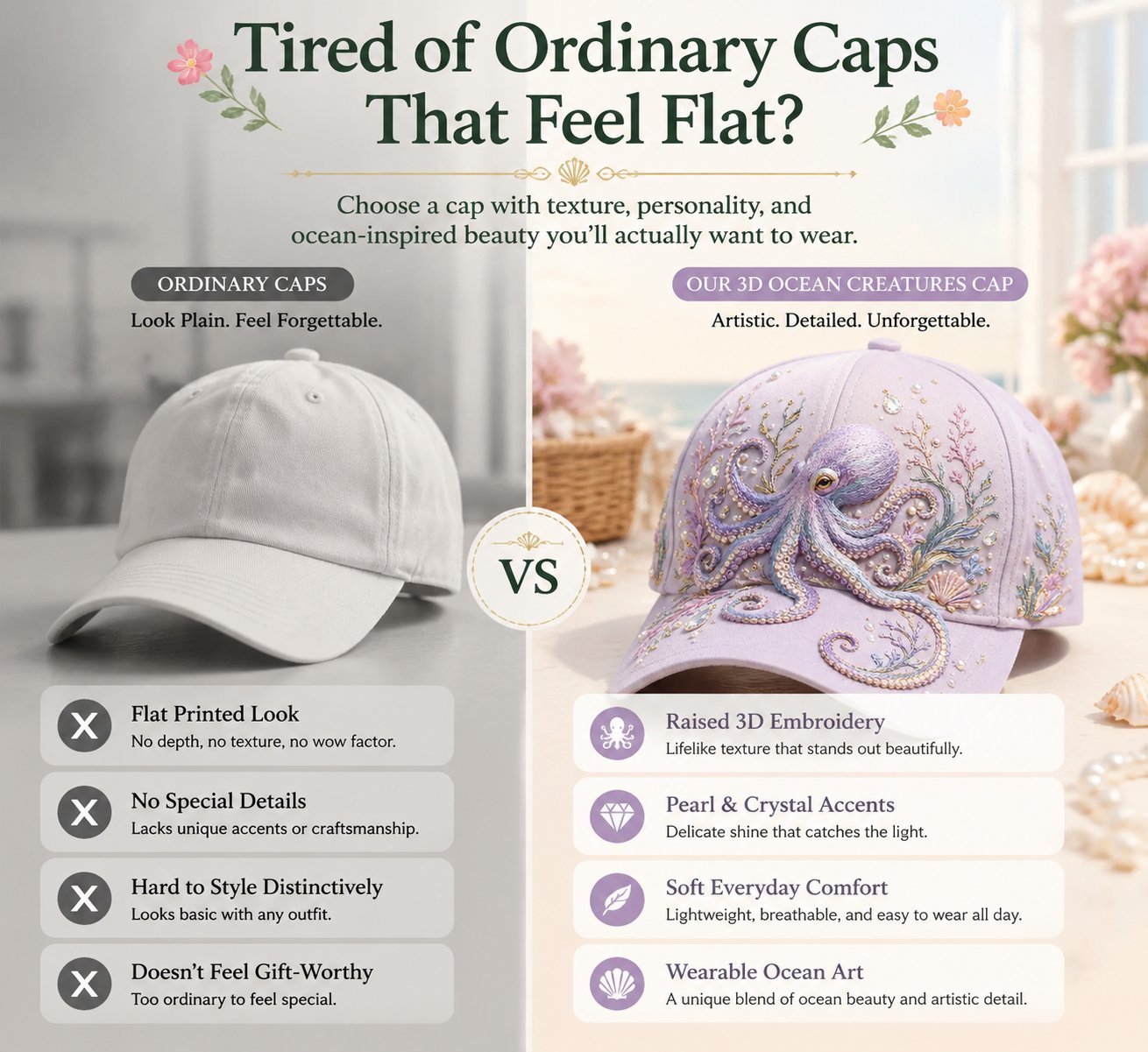 🌊 Ocean Sea Creature Pattern Cap | Pearl & Crystal Accent Adjustable Hat for Beach, Travel & Everyday Wear