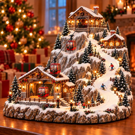 ✨Animated Christmas Mountain Cable Car & Ski Village Scene🎁