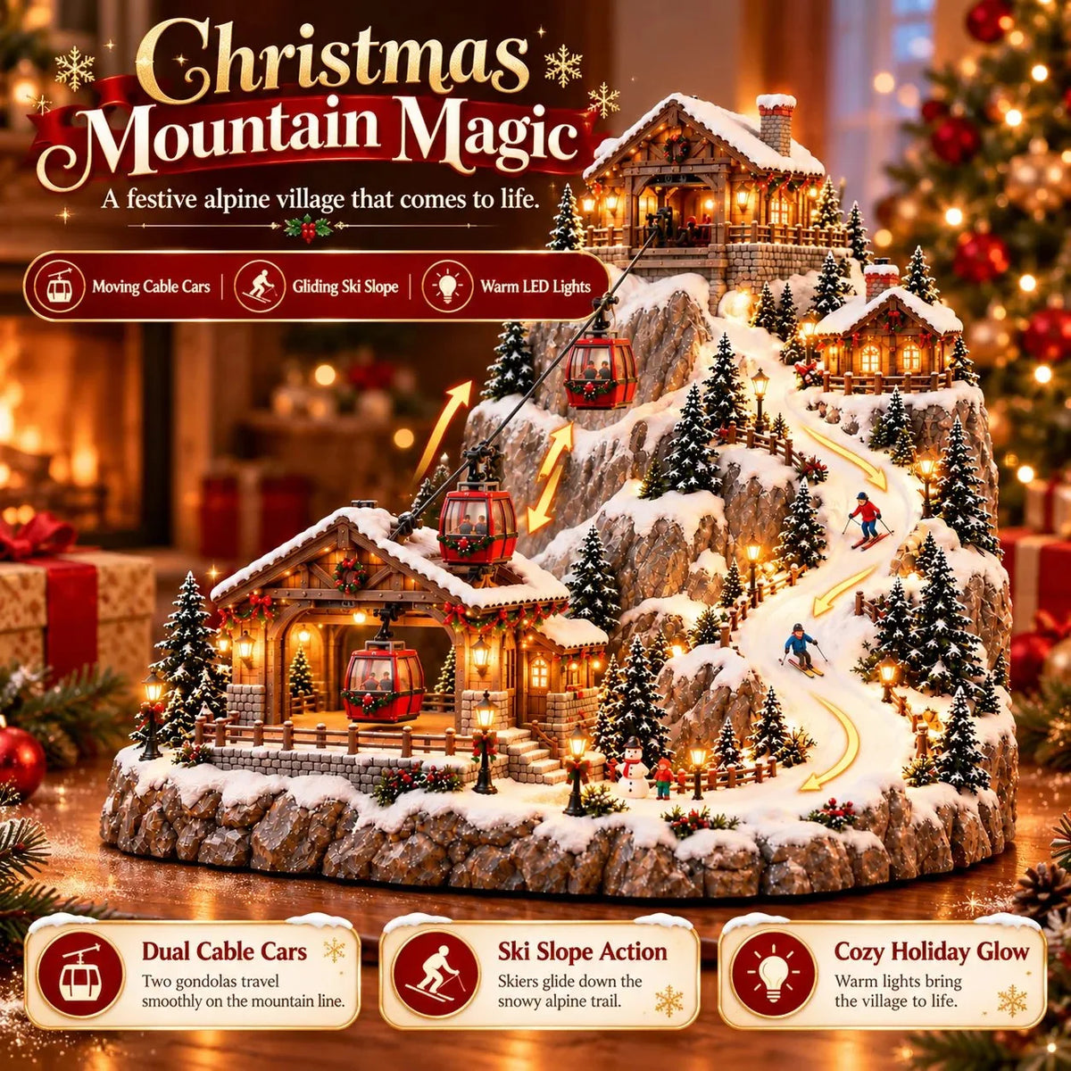 Animated Christmas Mountain Cable Car & Ski Village Scene