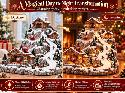 Animated Christmas Mountain Cable Car & Ski Village Scene