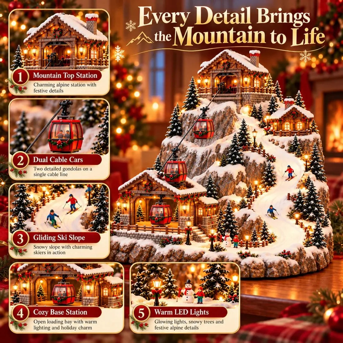 Animated Christmas Mountain Cable Car & Ski Village Scene