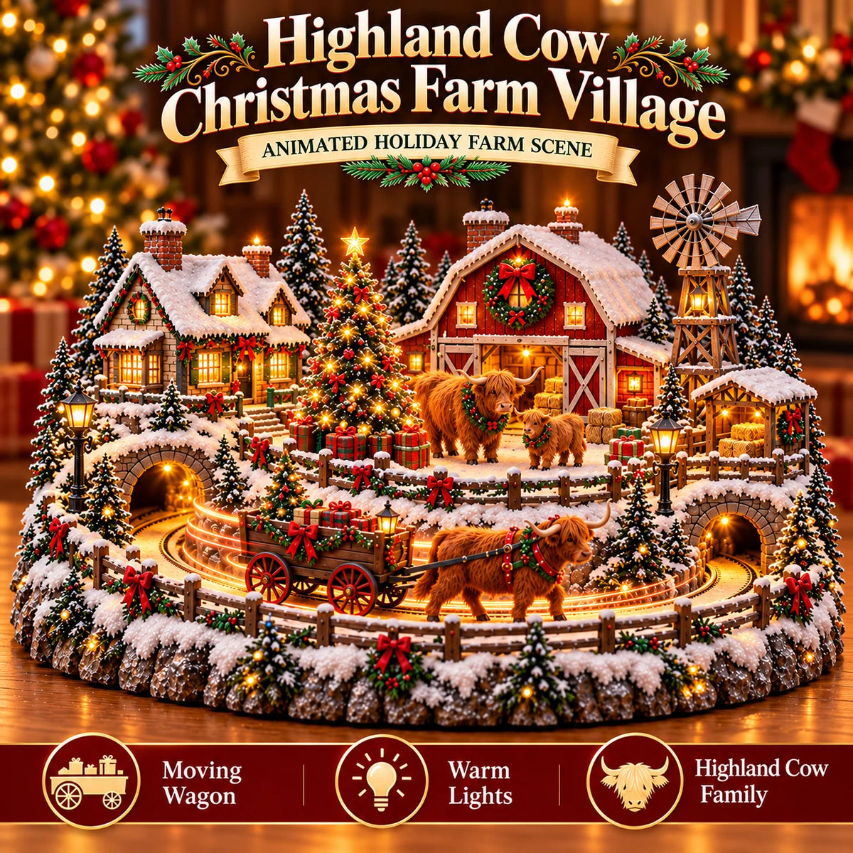 🐮 Highland Cow Christmas Farm Village – Lighted Farmhouse Holiday Scene