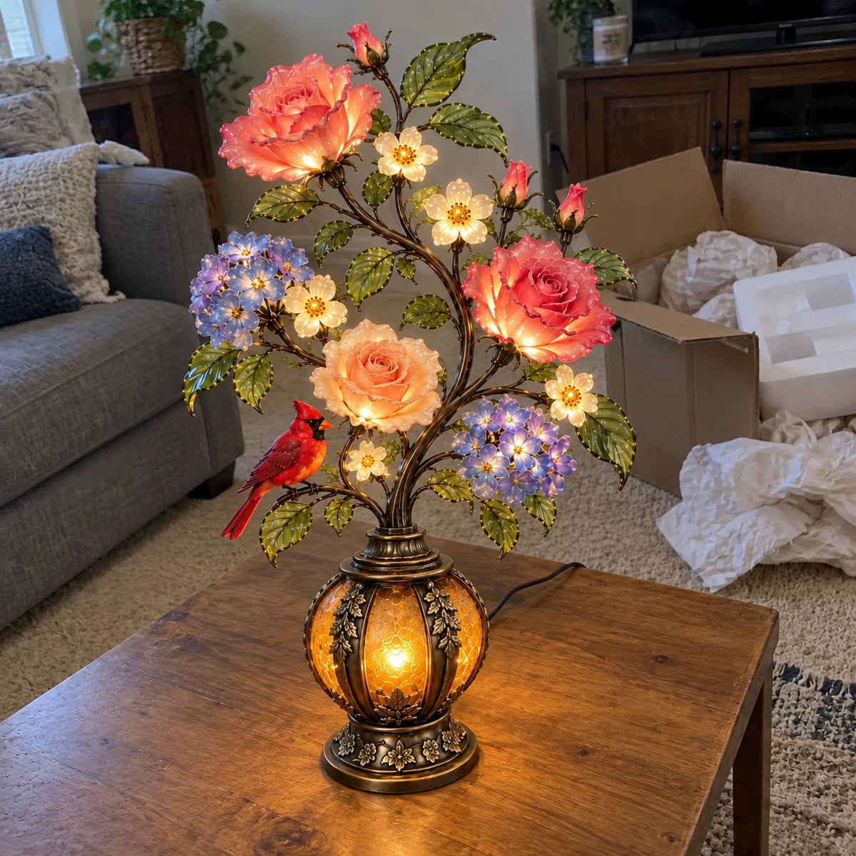 🌹✨ Eternal Bloom – Vintage Rose & Cardinal Table Lamp