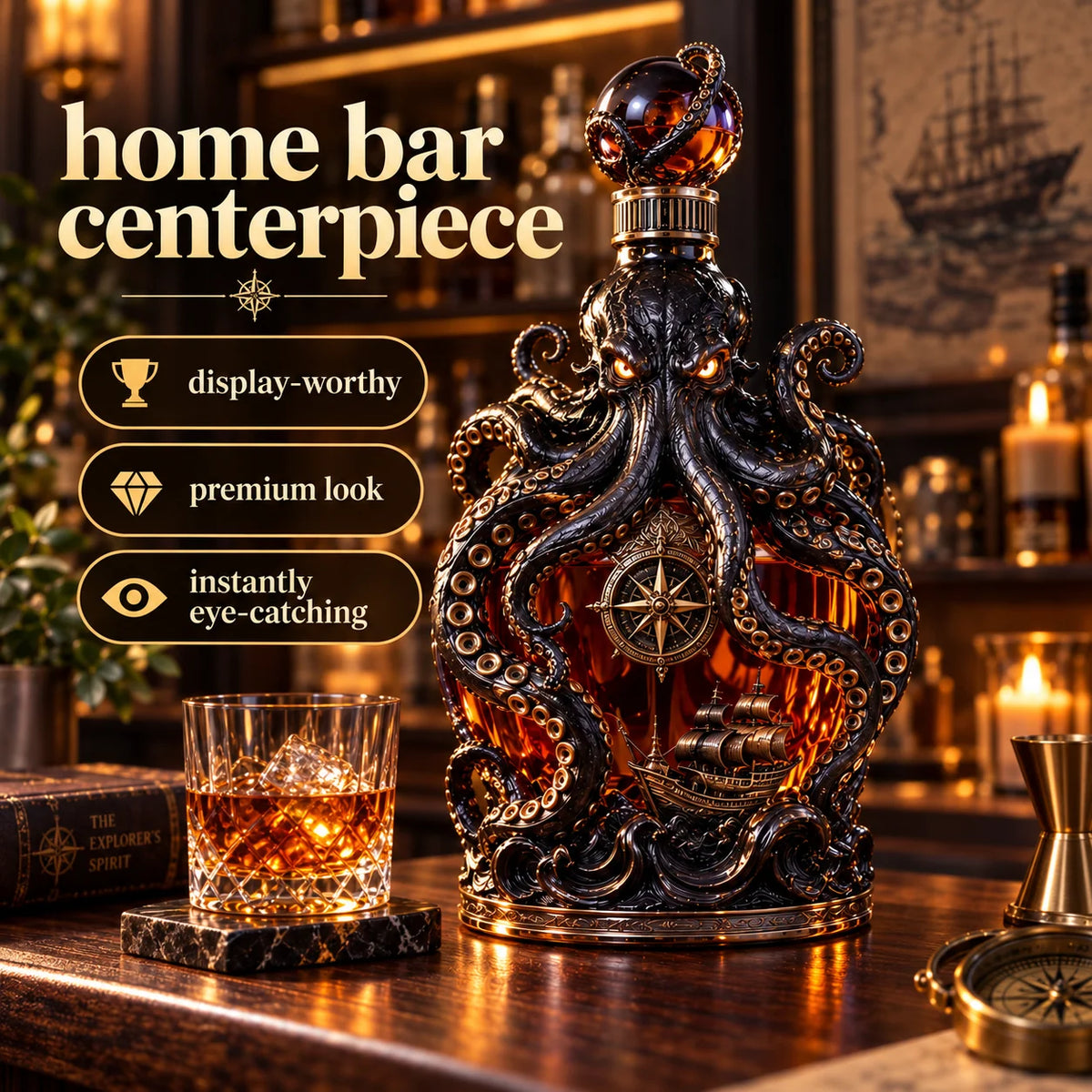🐙kraken Voyage Octopus Whiskey Decanter | Gothic Nautical Bar Centerpiece