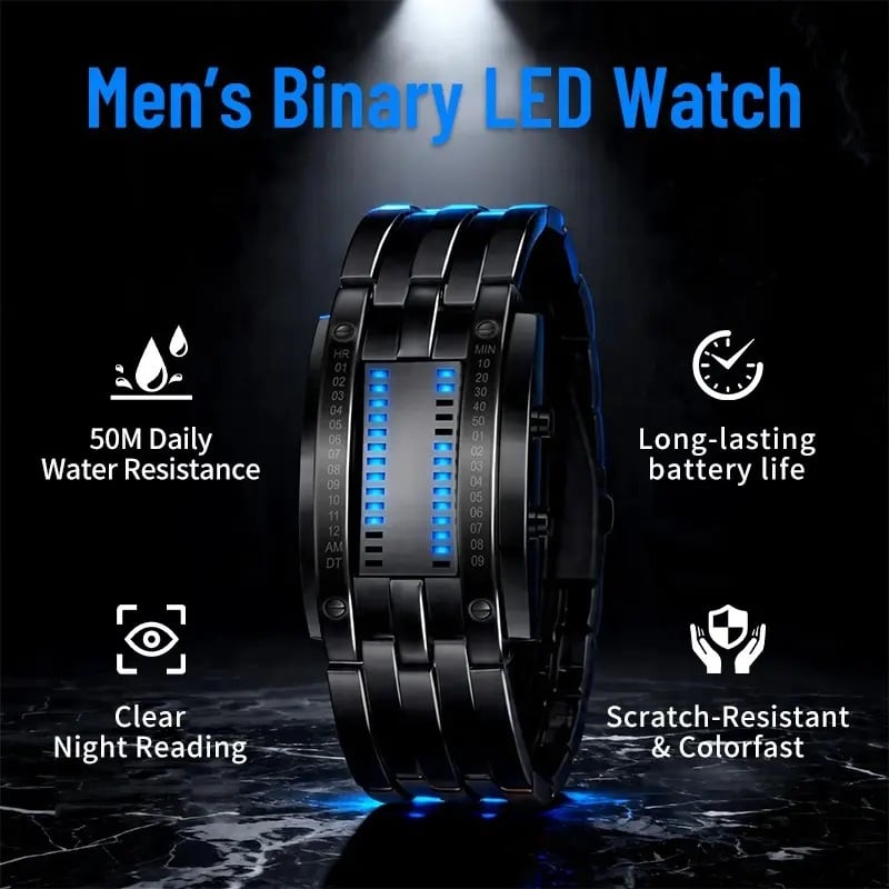 🔥Binary LED Digital Watch, Square Face with Zinc Alloy Band, Unisex Casual Timepiece