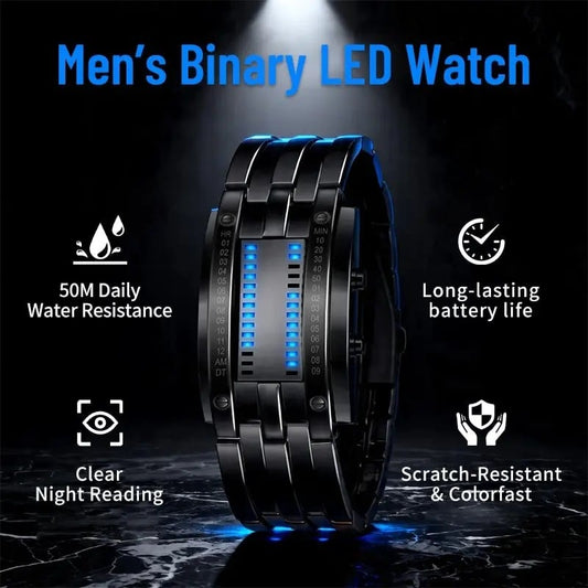 🔥Binary LED Digital Watch, Square Face with Zinc Alloy Band, Unisex Casual Timepiece