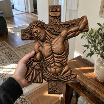 Hand-Carved Beech Wood Crucifix – Jesus Christ Wall Cross