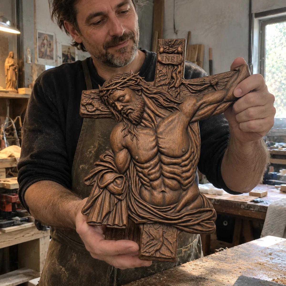 Hand-Carved Beech Wood Crucifix – Jesus Christ Wall Cross
