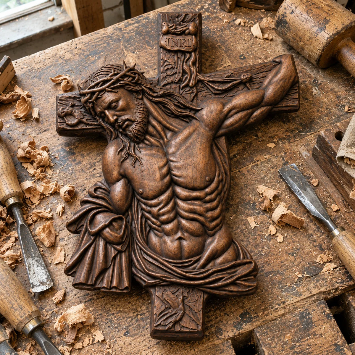Hand-Carved Beech Wood Crucifix – Jesus Christ Wall Cross