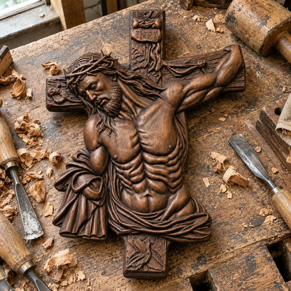 Hand-Carved Beech Wood Crucifix – Jesus Christ Wall Cross