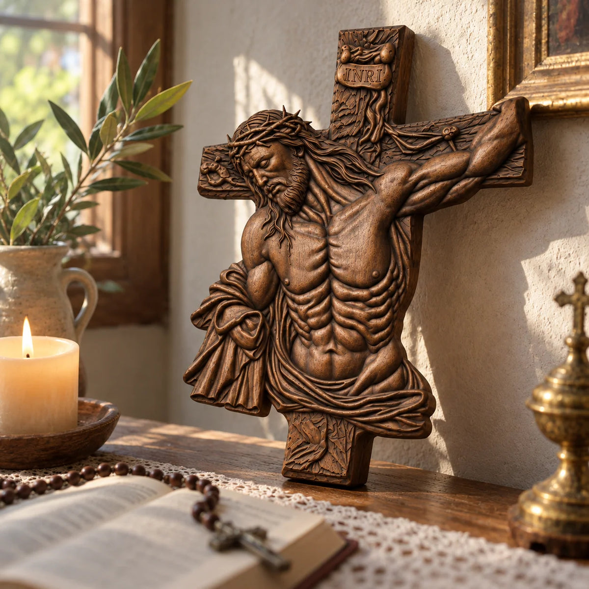 Hand-Carved Beech Wood Crucifix – Jesus Christ Wall Cross