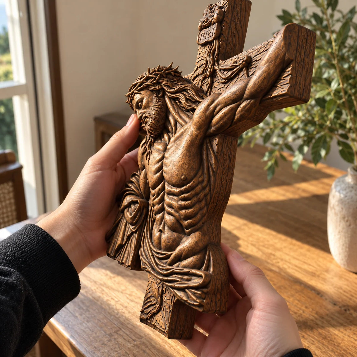 Hand-Carved Beech Wood Crucifix – Jesus Christ Wall Cross